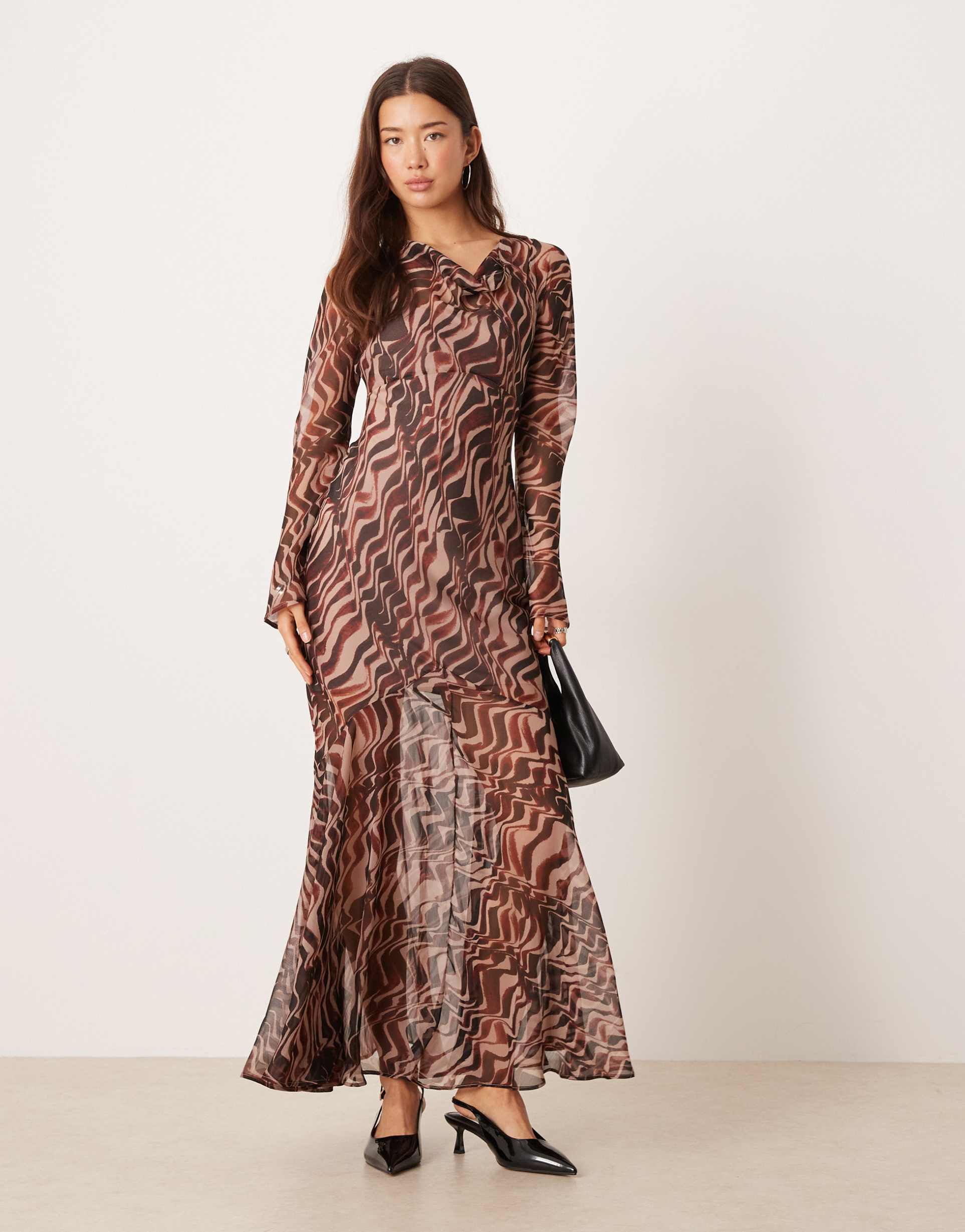 asos design cowl back maxi dress in brown abstract print
