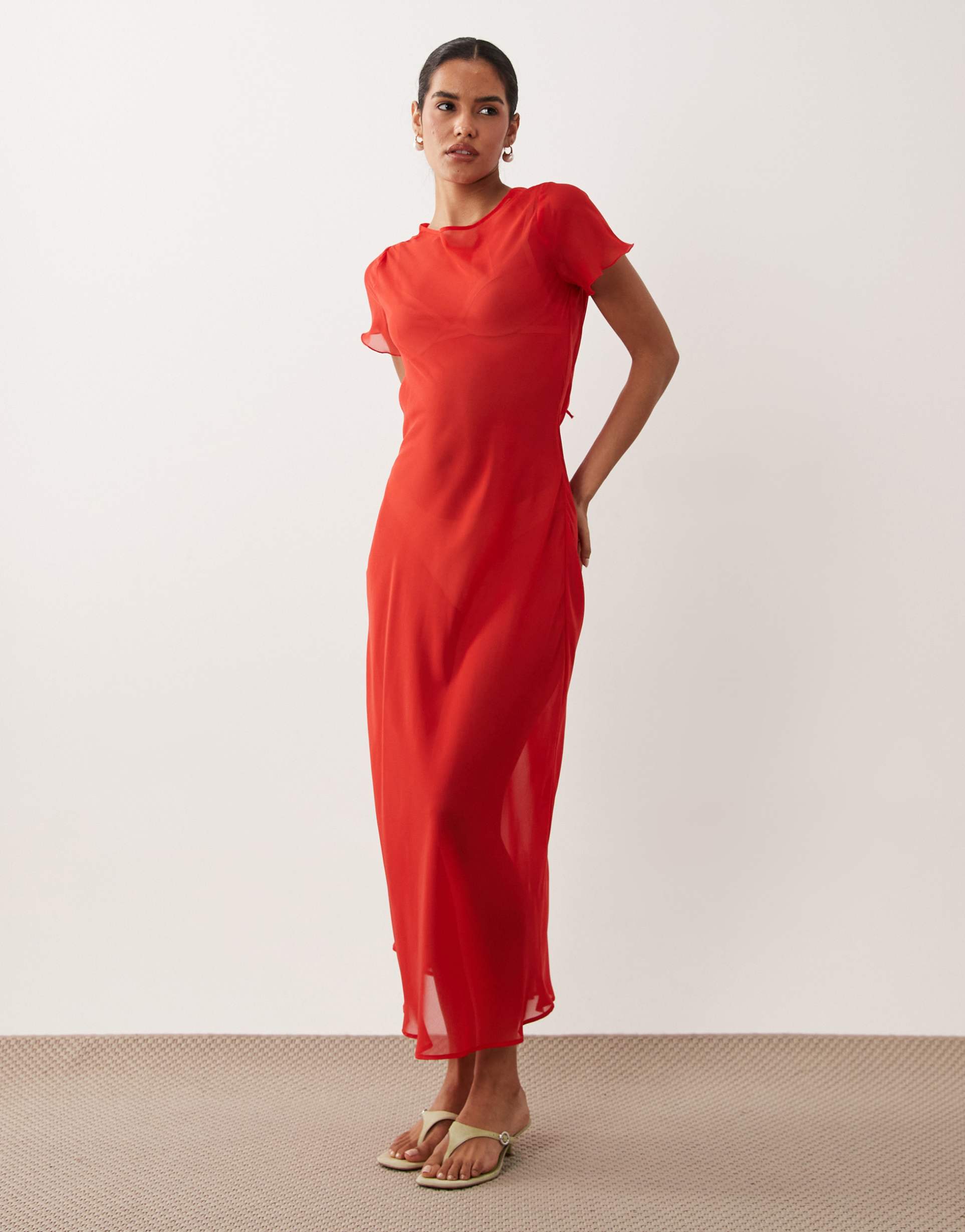 asos design cowl back maxi dress in red chiffon
