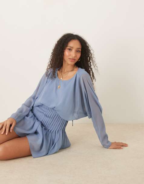 ASOS DESIGN cowl back pleated bodice playsuit in dusky blue - view 1