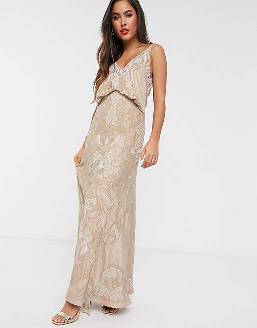 ASOS DESIGN Cowl back satin embroidered maxi dress with ladder trim