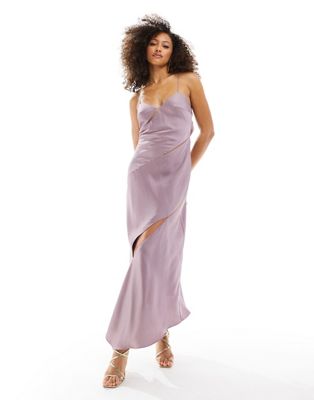 ASOS DESIGN cowl back satin midi dress with cut outs and buckle detail in lilac