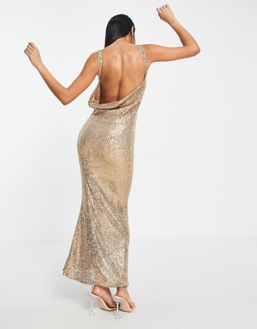 ASOS DESIGN cowl back slinky maxi dress in gold sequin