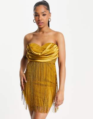 ASOS DESIGN cowl bandeau fringed mini dress in gold | ASOS