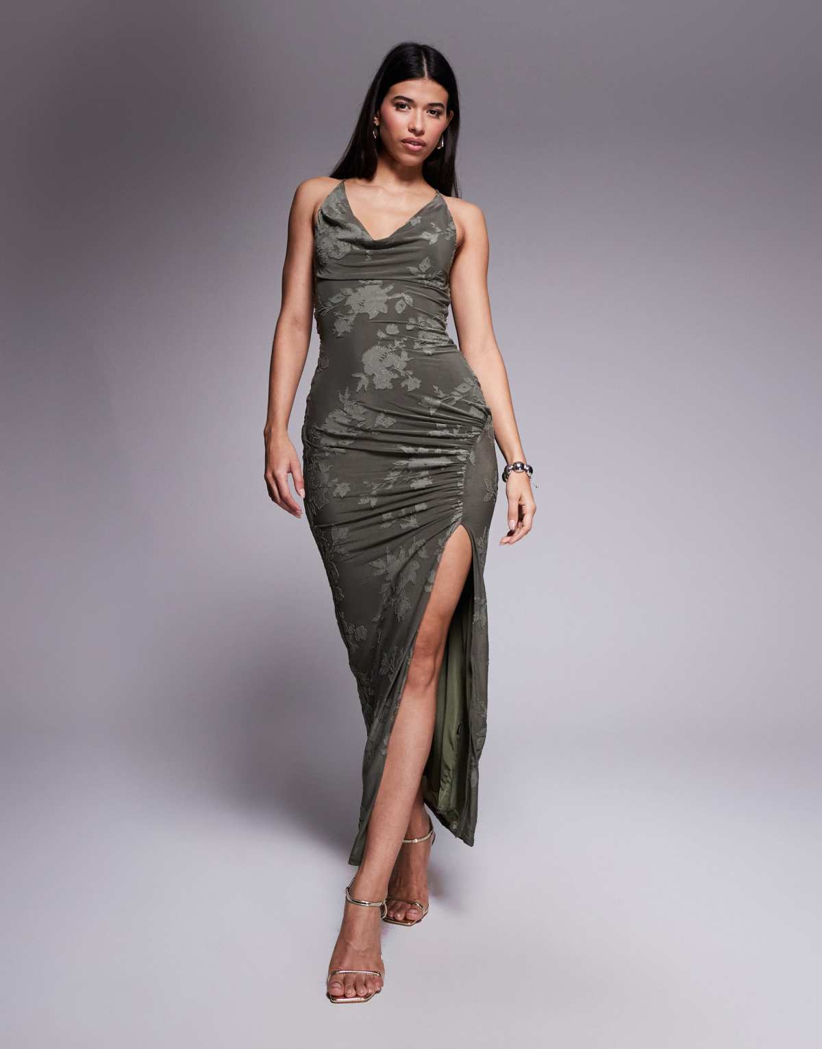 ASOS DESIGN cowl burnout halter maxi dress with gold hardware in khaki
