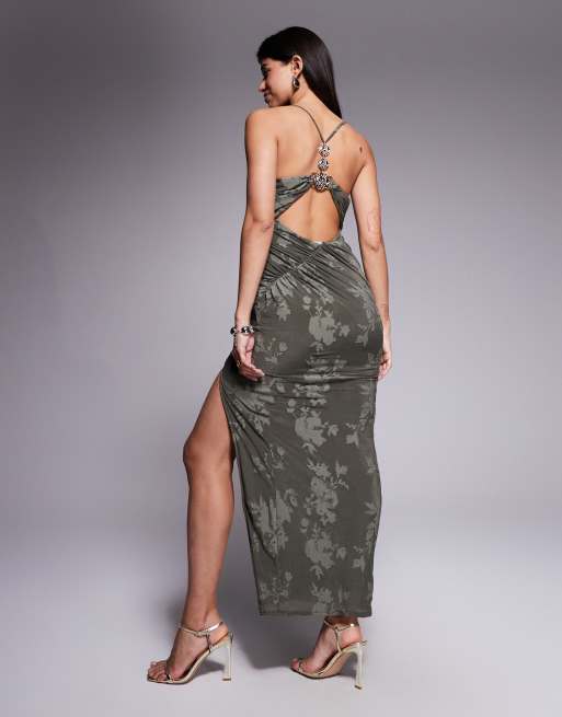 ASOS DESIGN cowl burnout halter maxi dress with gold hardware in khaki, 3 of 4