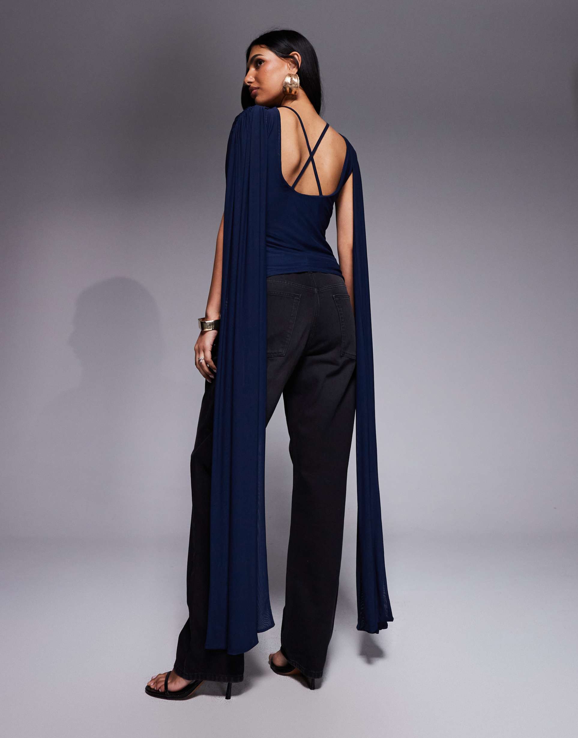 asos design cowl caped mesh top in blue