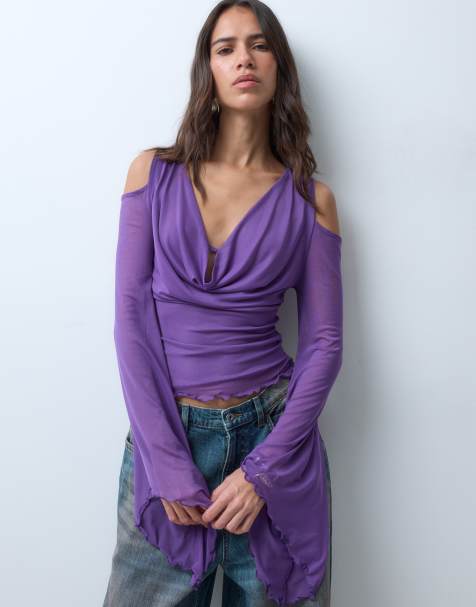 ASOS DESIGN cowl cold shoulder draped top in purple - view 1