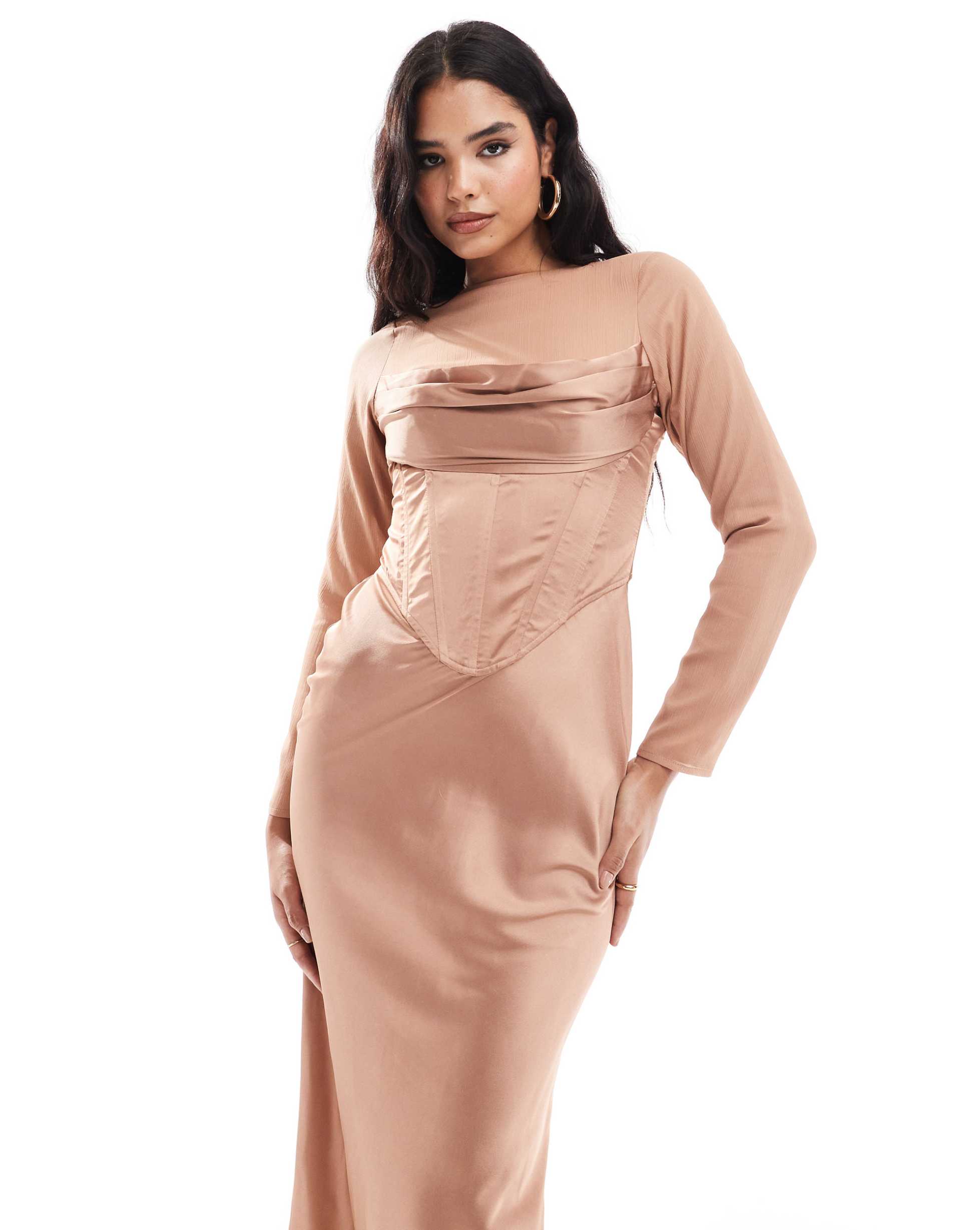 asos design cowl corset overlay satin chiffon mix maxi dress in taupe