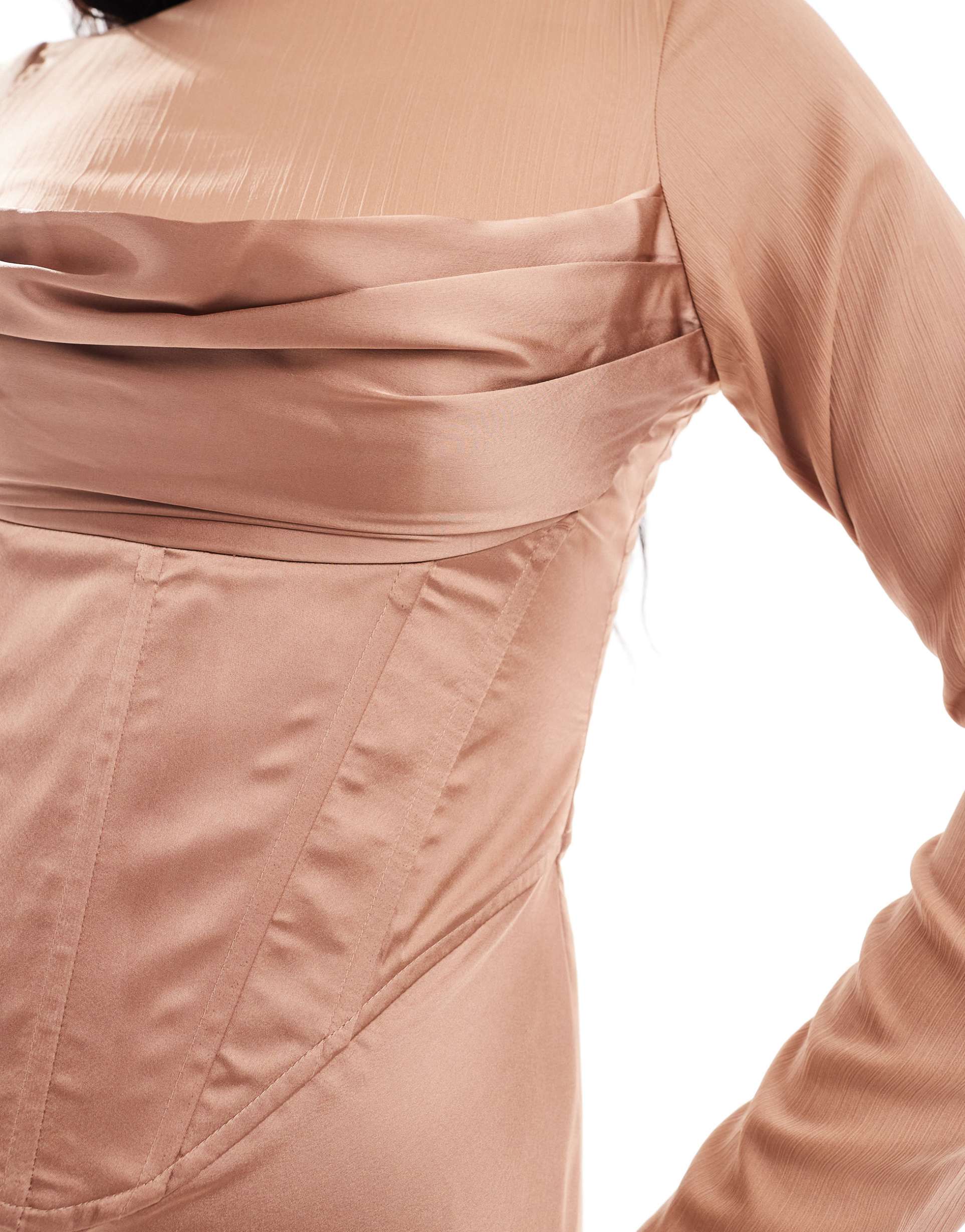 asos design cowl corset overlay satin chiffon mix maxi dress in taupe