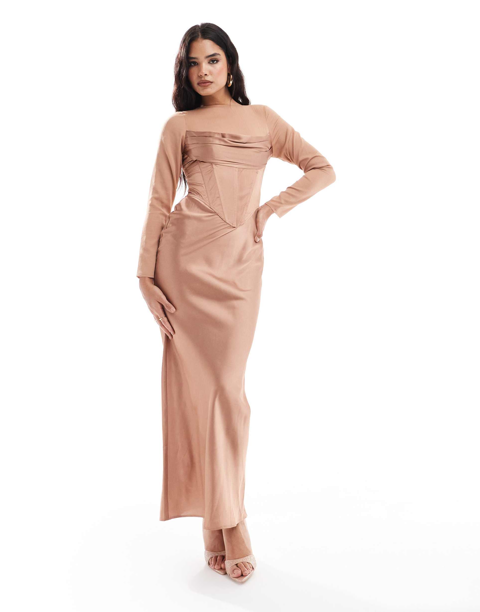 asos design cowl corset overlay satin chiffon mix maxi dress in taupe