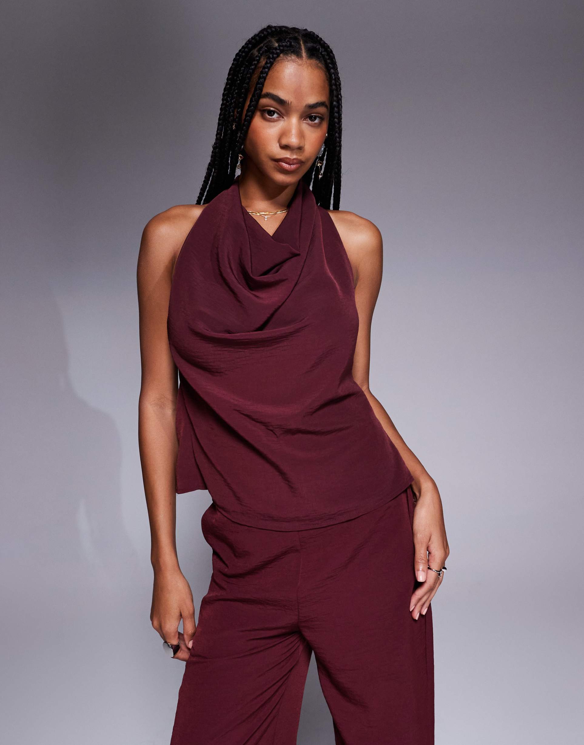 asos design cowl detail buckle back halter top in burgundy - part of a set