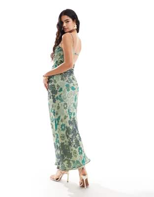 Asos Design Cowl Detail Eyelash Lace Bias Maxi Dress In Tapestry Abstract Print-black