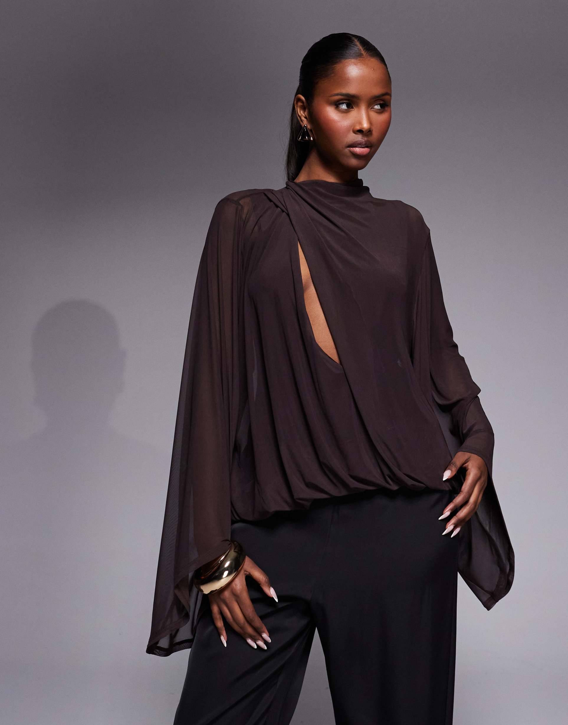 asos design cowl drape blouson mesh top in chocolate