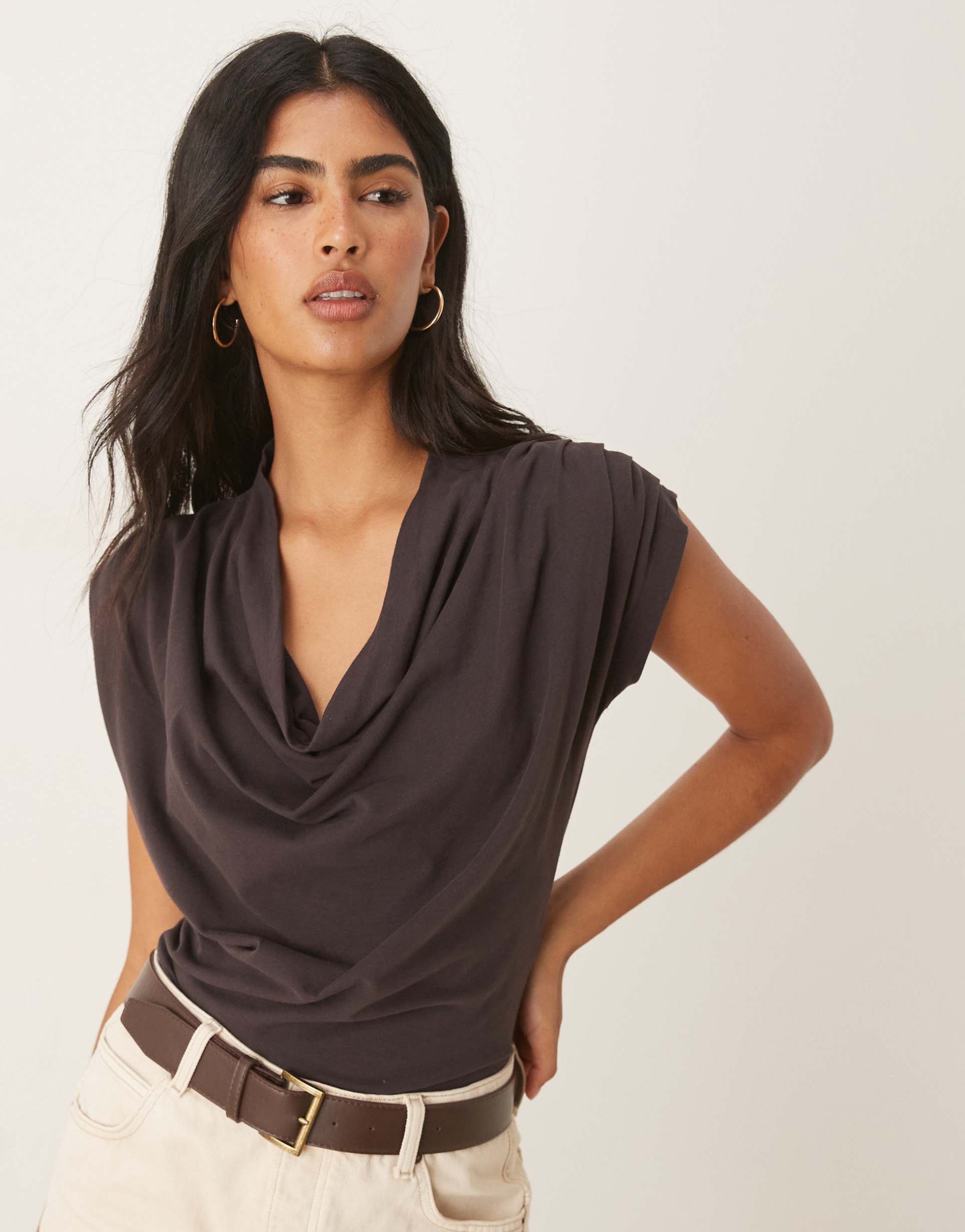 asos design cowl drape detail tee in chocolate