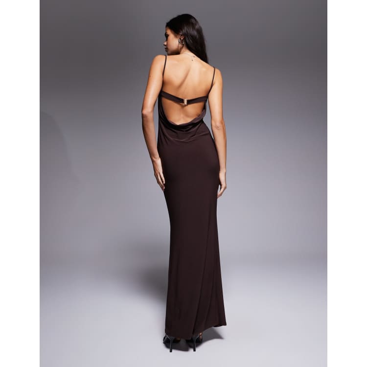 ASOS DESIGN cowl drape maxi slip dress with faux bra strap in chocolate |  ASOS