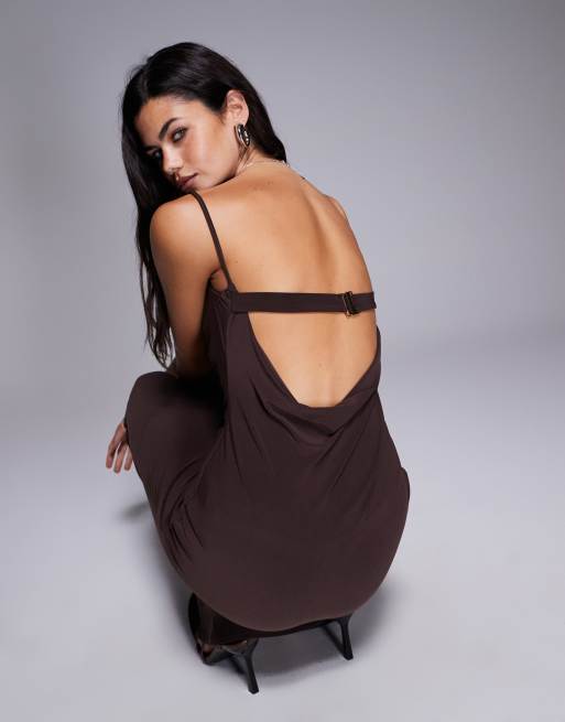 ASOS DESIGN cowl drape maxi slip dress with faux bra strap in chocolate
