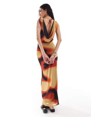 asos design cowl drape mesh midi dress with tie back in orange print