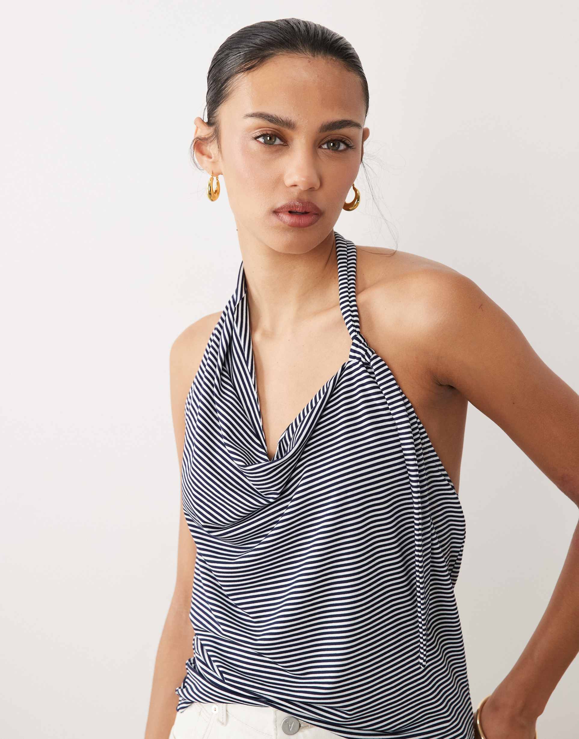asos design cowl drape top with knot detail in mini stripe