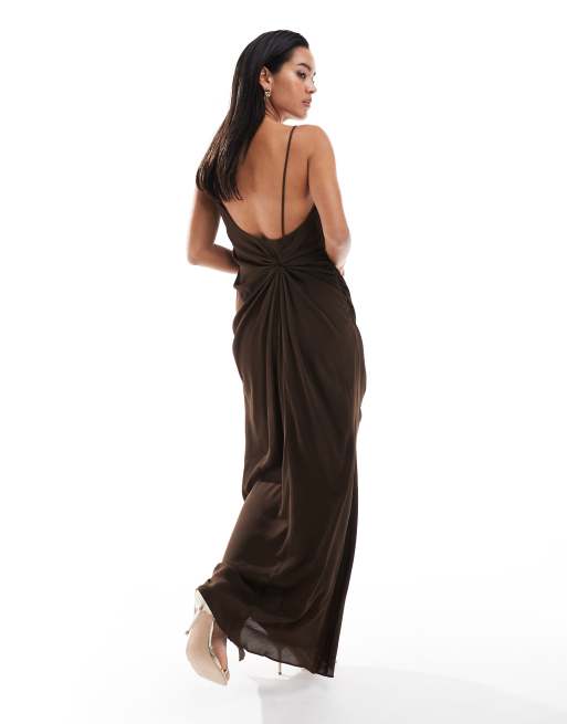 ASOS DESIGN cowl drape tuck detail maxi dress in chocolate