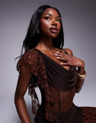 Asos Design Cowl Draped Maxi Dress With Sheer And Solid Lace Layering In Brown