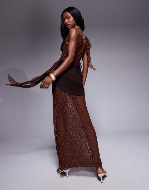 ASOS Design Cowl Draped Maxi Dress with Sheer and Solid Lace Layering in chocolate-Brown