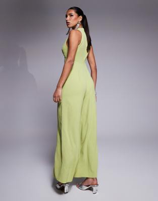 Asos Design Cowl Draped Neck Wide Leg Jumpsuit With Tie Detail In Green