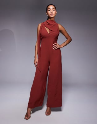 Asos Design Cowl Draped Neck Wide Leg Jumpsuit With Tie Detail In Red