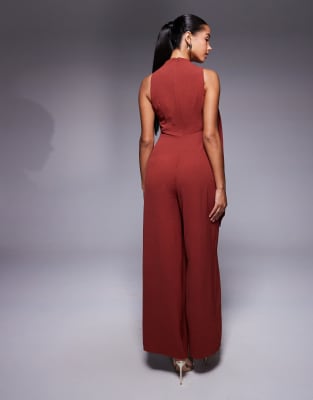 Asos Design Cowl Draped Neck Wide Leg Jumpsuit With Tie Detail In Red