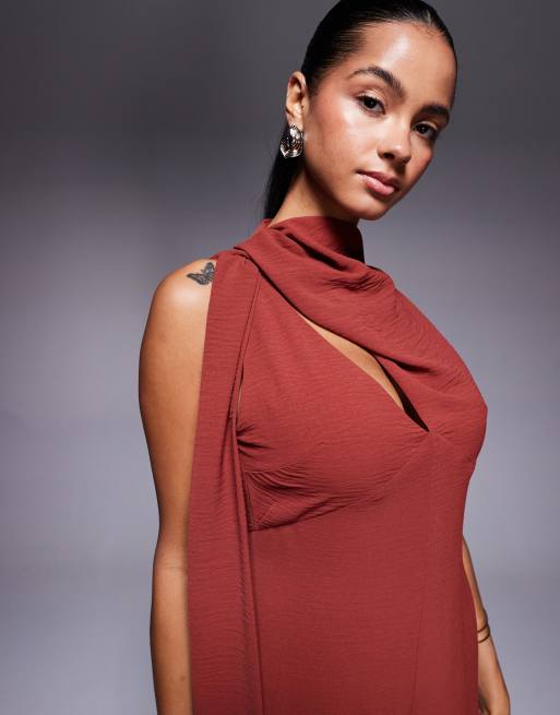 ASOS DESIGN cowl draped neck wide leg jumpsuit with tie