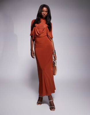 cowl draped neckline midi dress with sheer mesh bodice in rust-Red