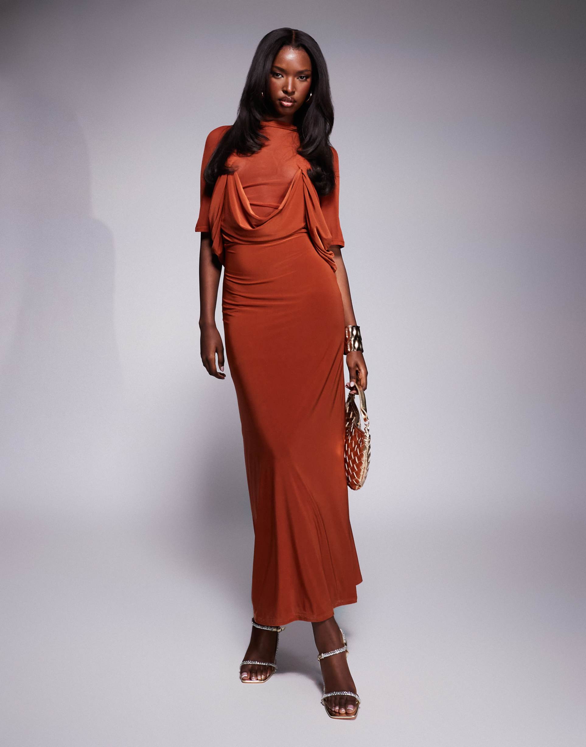 asos design cowl draped neckline midi dress with sheer mesh bodice in rust