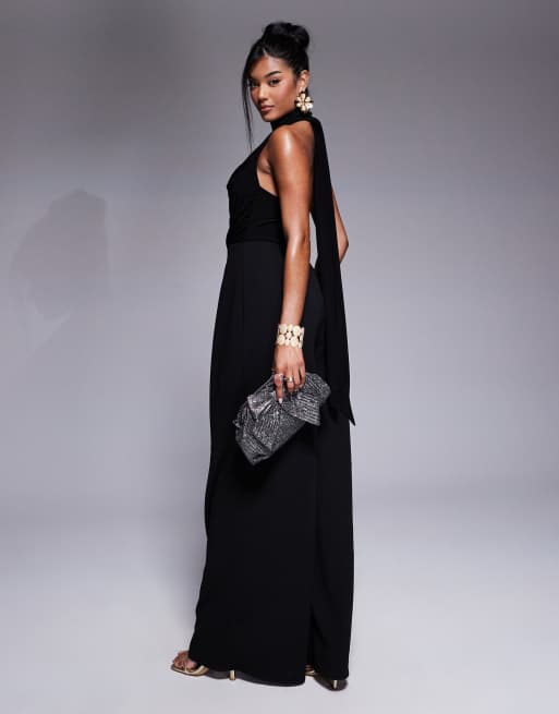 ASOS DESIGN cowl fabric mix wide leg jumpsuit with tie neck in black, 2 of 4