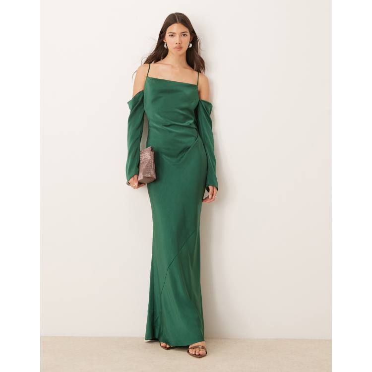 ASOS DESIGN cowl front cold shoulder satin maxi dress in forest green