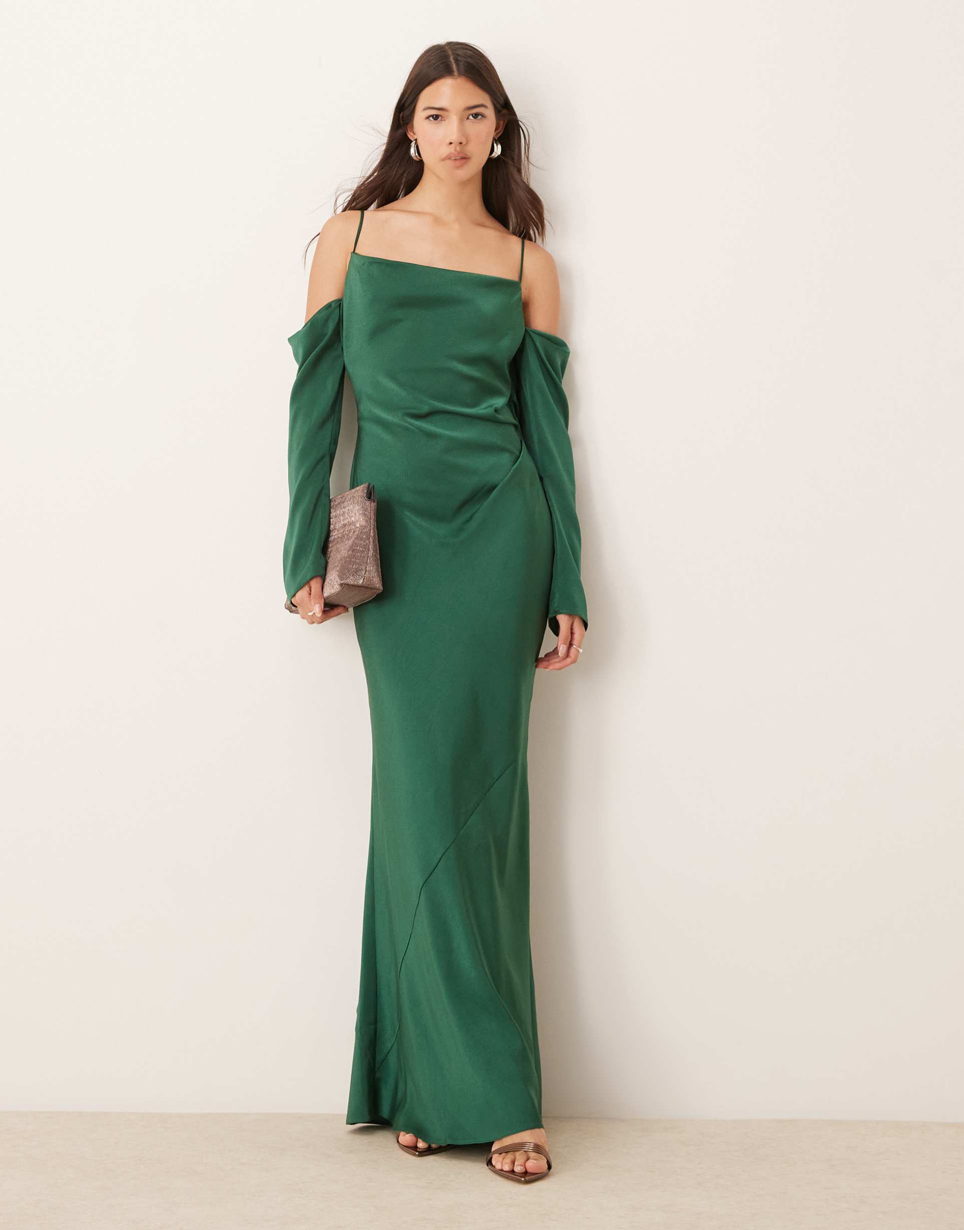 asos design cowl front cold shoulder satin maxi dress in forest green