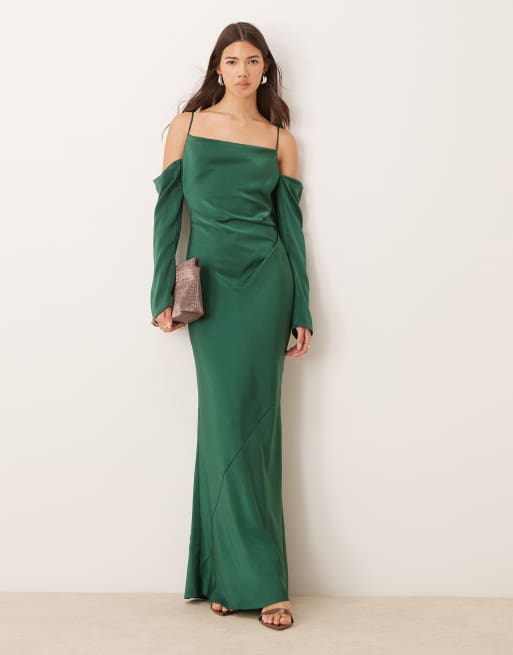 ASOS DESIGN cowl front cold shoulder satin maxi dress in forest green