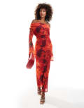 [ASOS DESIGN] ASOS DESIGN cowl front mesh maxi dress with flare sleeve in red floral smudge print-Multi XS Red floral