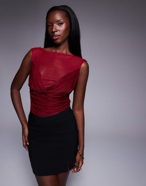 ASOS DESIGN cowl front mesh slinky mix bodysuit in burgundy - view 1