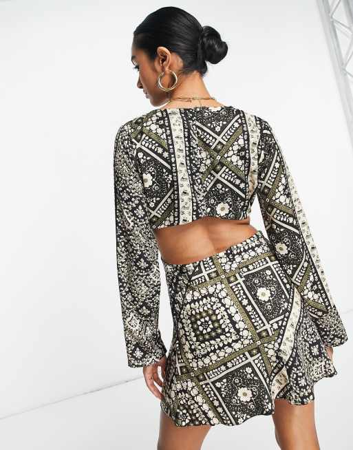 ASOS DESIGN cowl front mini dress with cut out detail in mono scarf print, 2 of 4