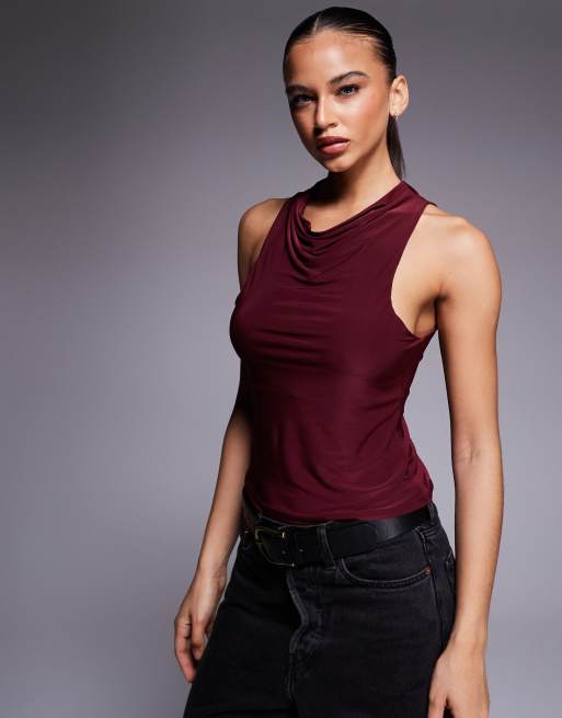 ASOS DESIGN cowl front slinky tank top in burgundy