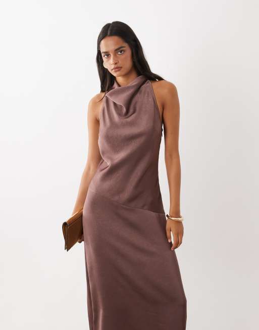 ASOS DESIGN cowl halter midaxi dress in brown, 2 of 4