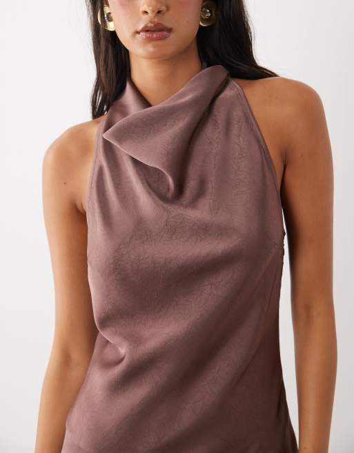 ASOS DESIGN cowl halter midaxi dress in mink, 3 of 4