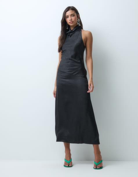 ASOS DESIGN cowl halter midaxi jurk in zwart - view 1