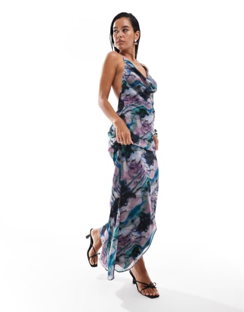 ASOS DESIGN cowl halter neck bias maxi dress with asymmetric hem detail in blurred abstract print - view 1