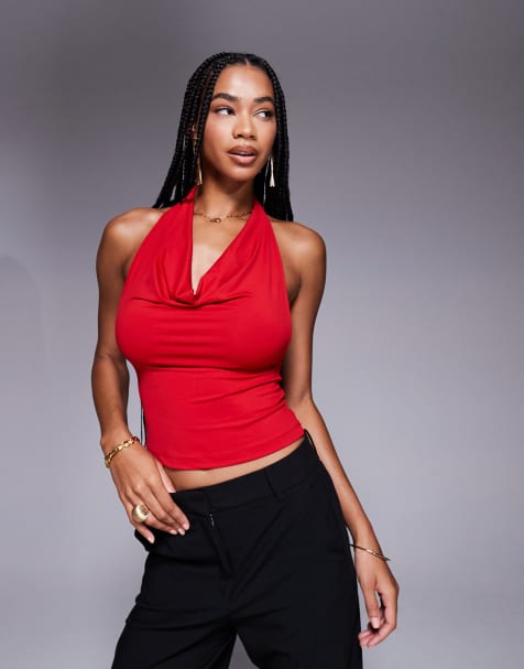 ASOS DESIGN cowl halter top in red - view 1
