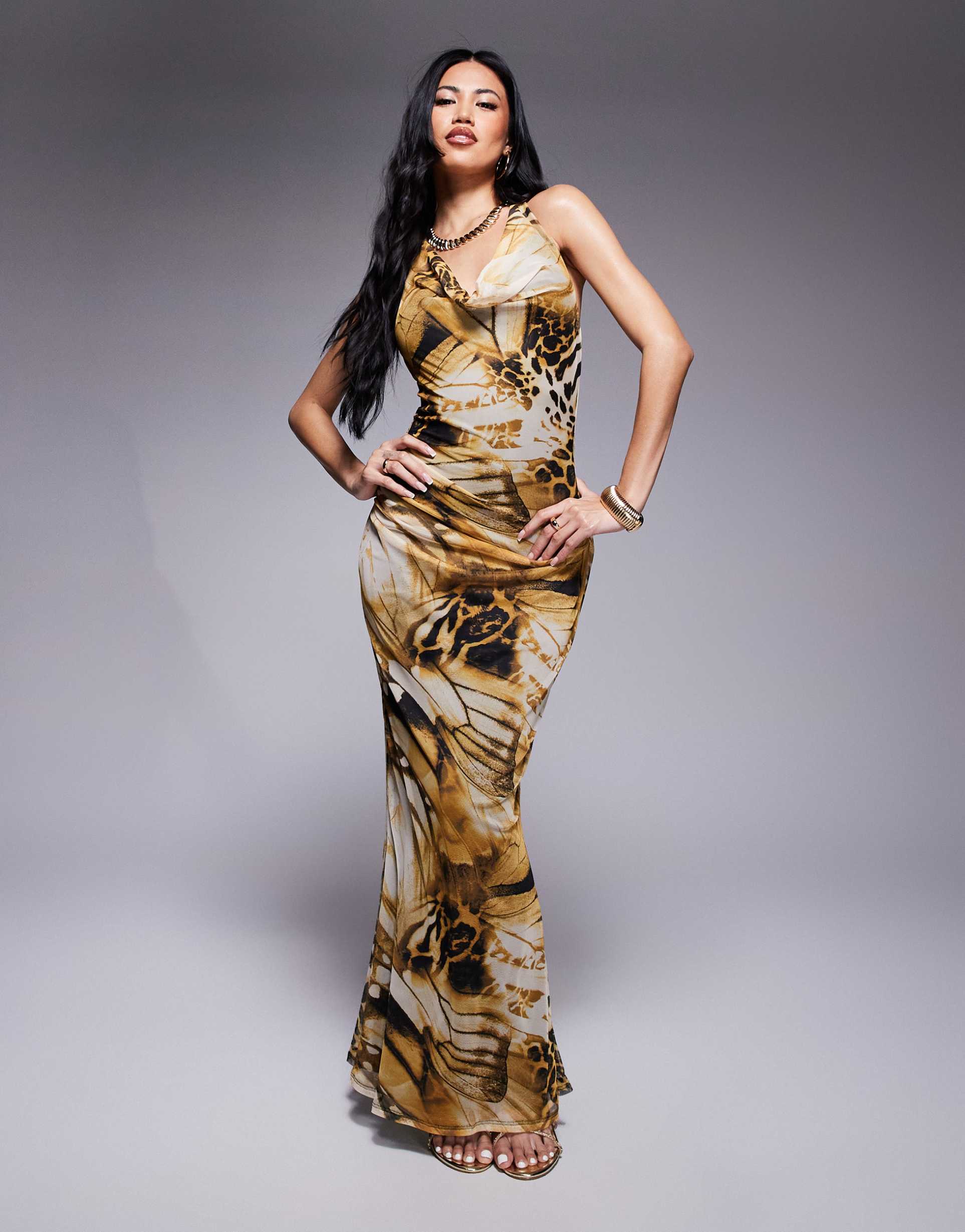 asos design cowl halterneck maxi dress with knot detail in yellow animal print