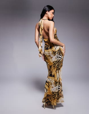 Asos Design Cowl Halterneck Maxi Dress With Knot Detail In Animal Print