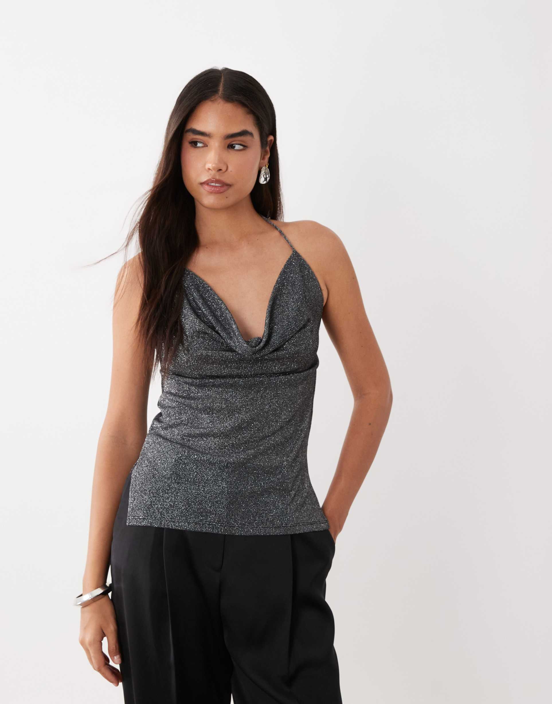 asos design cowl halterneck top in black metallic