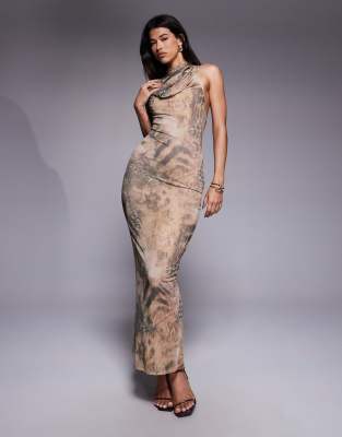 Asos Design Cowl Hardware Mesh Maxi Dress In Brown