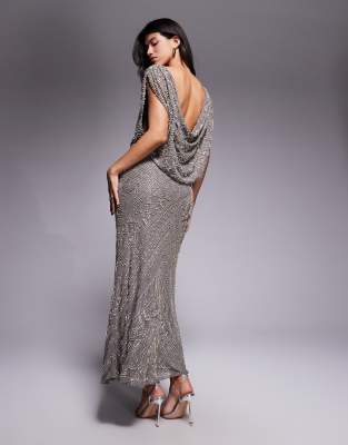 Asos Design Cowl Neck All-over Embellished Maxi Dress In Brown