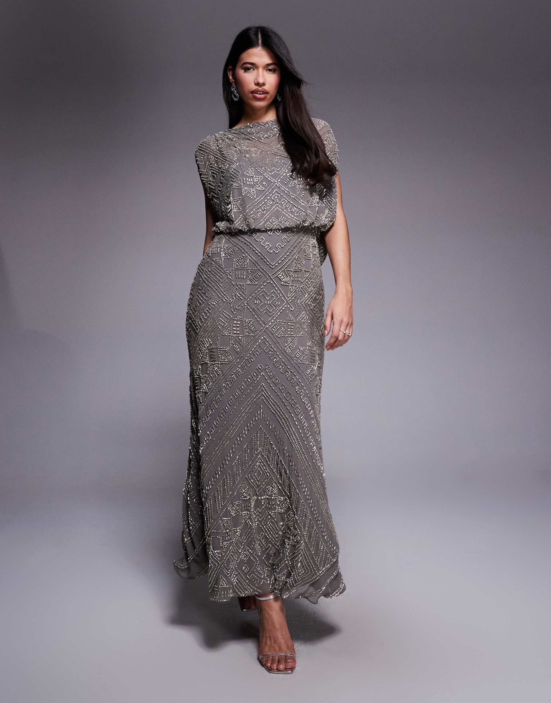asos design cowl neck all-over embellished maxi dress in charcoal